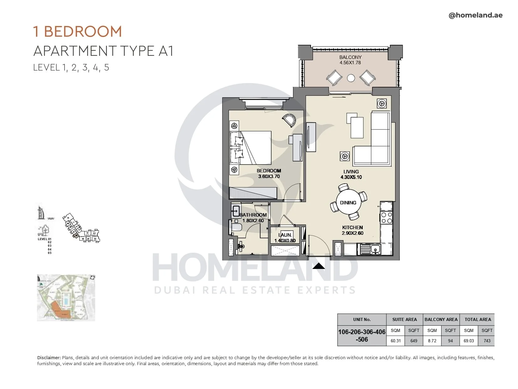 Al Jazi, 1BR, Type A1, Level 1 to 5, Unit 106-206-306-406-506, 743 SQFT