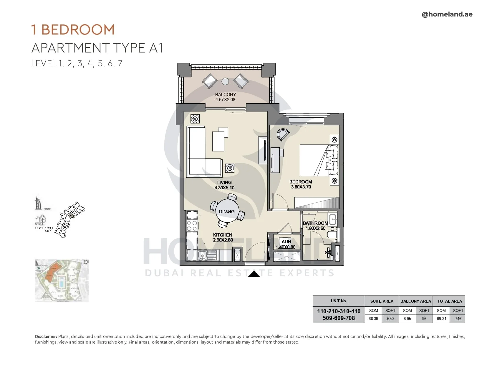 Al Jazi, 1BR, Type A1, Level 1 to 7, Unit 110-210-310-410-509-609-708, 746 SQFT