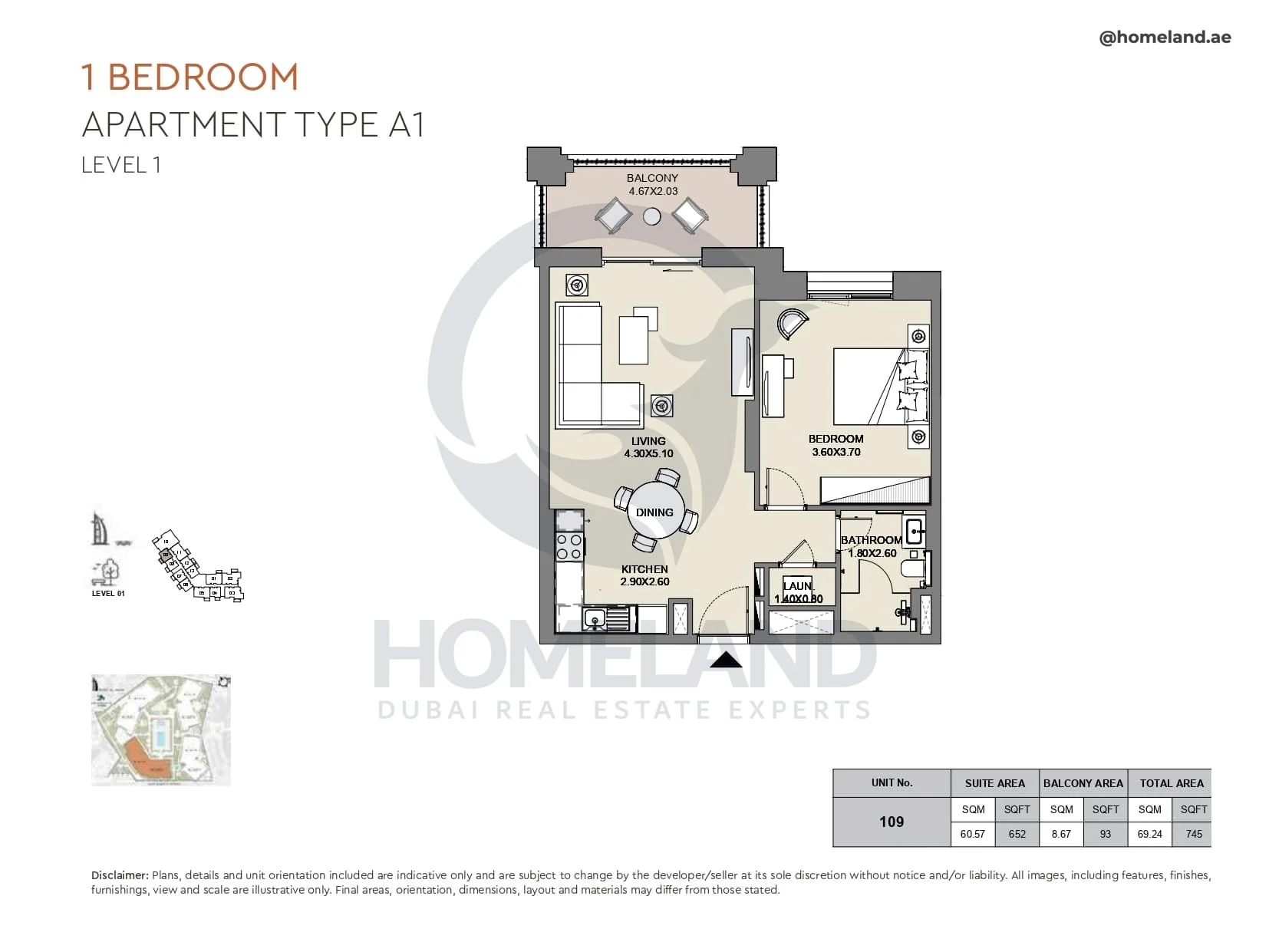Al Jazi, 1BR, Type A1, Level 1, Unit 109, 745 SQFT