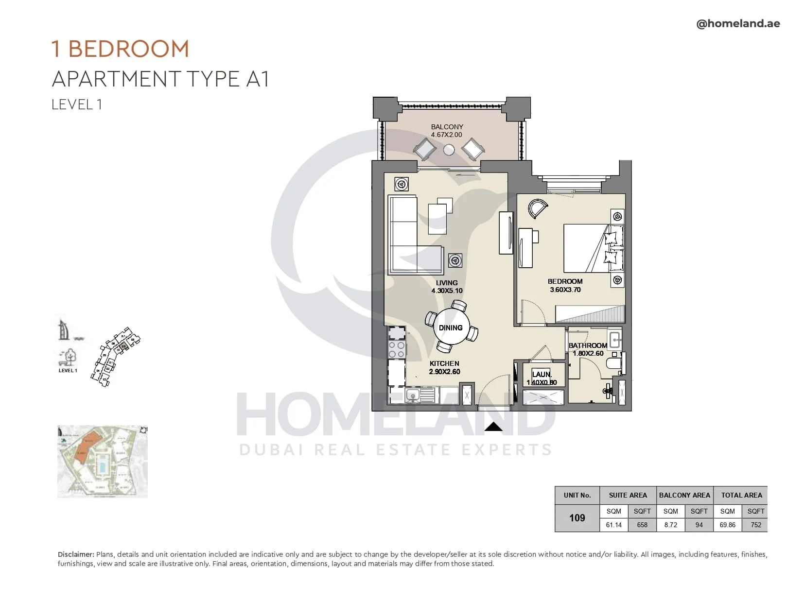 Al Jazi, 1BR, Type A1, Level 1, Unit 109, 752 SQFT