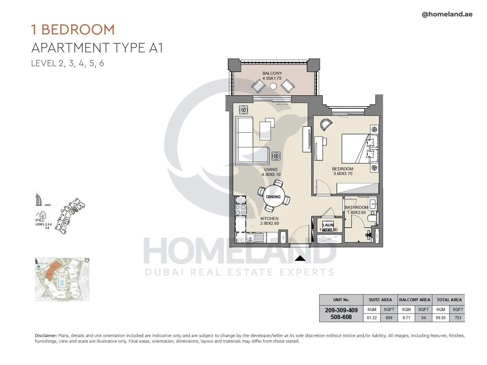 Al Jazi, 1BR, Type A1, Level 2 to 6, Unit 209-309-409-508-608, 753 SQFT