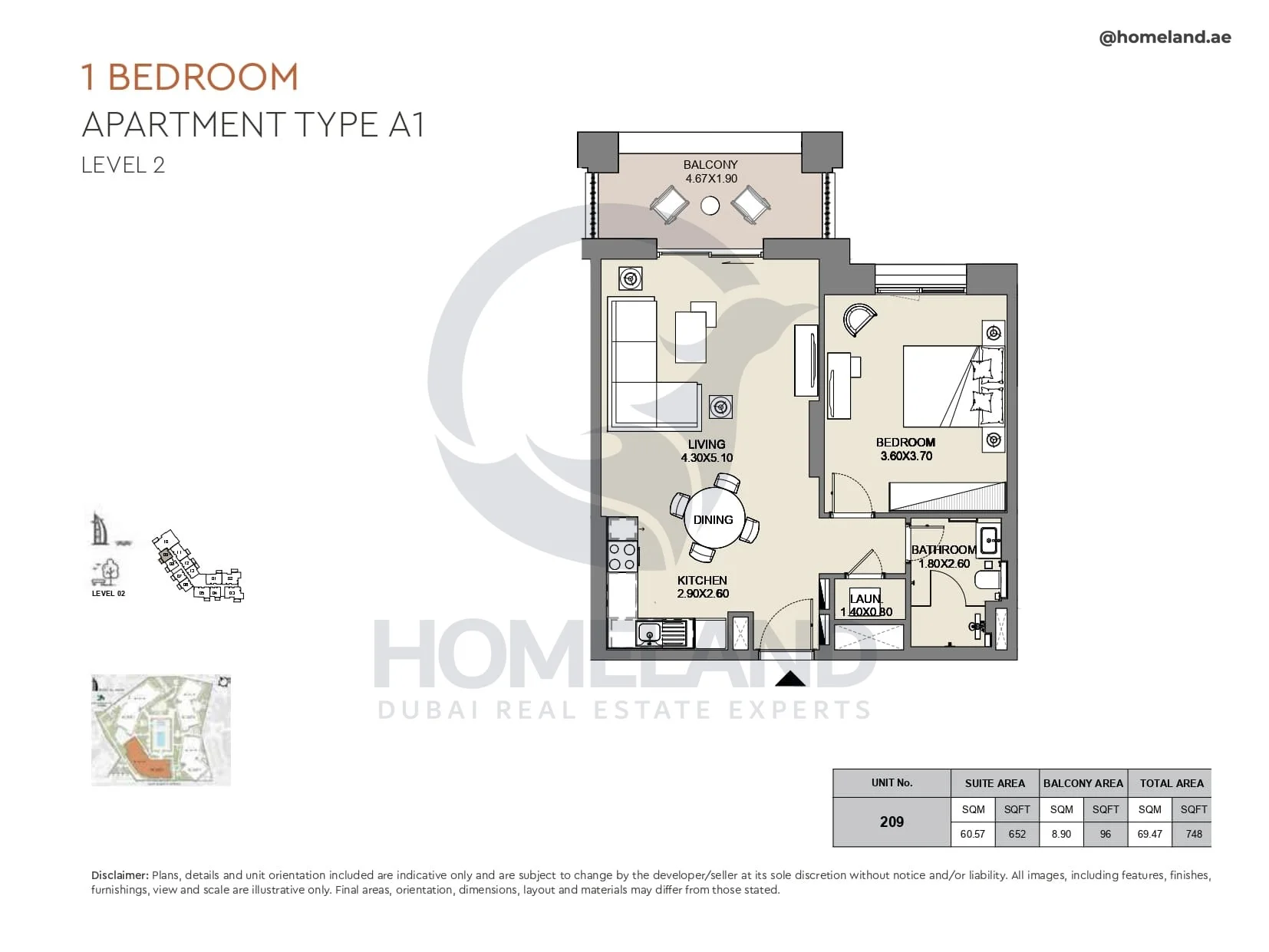 Al Jazi, 1BR, Type A1, Level 2, Unit 209, 748 SQFT