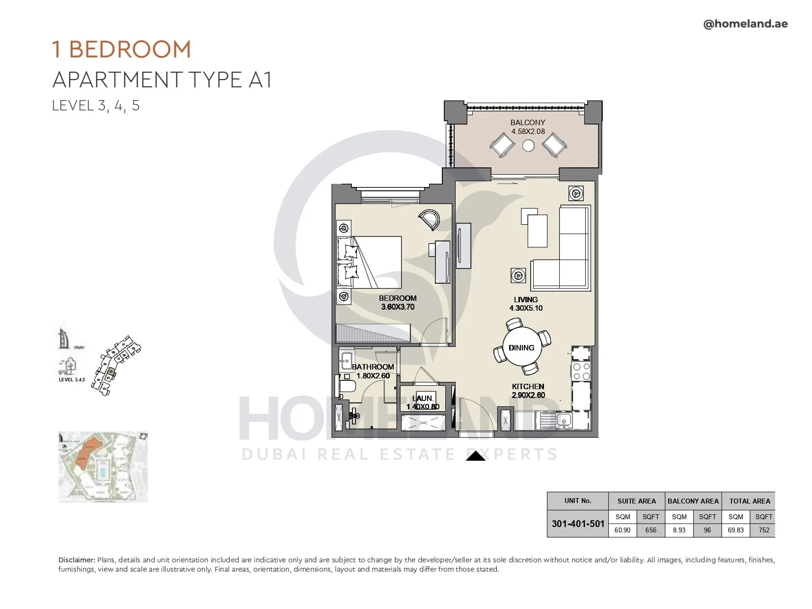 Al Jazi, 1BR, Type A1, Level 3 to 5, Unit 301-401-501, 752 SQFT