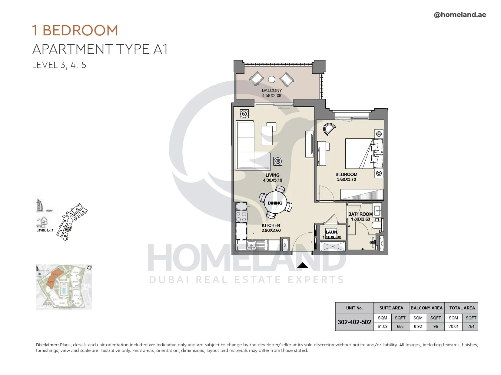 Al Jazi, 1BR, Type A1, Level 3 to 5, Unit 302-402-502, 754 SQFT