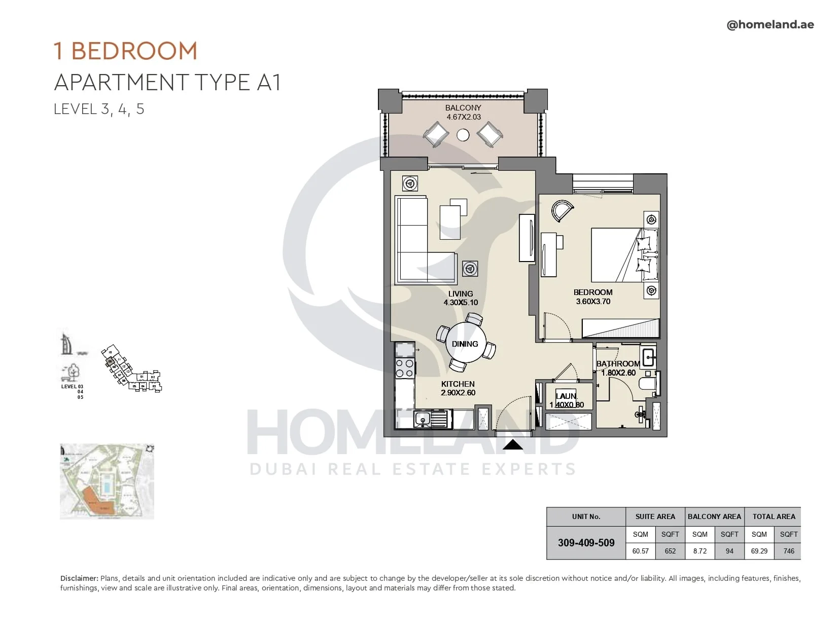 Al Jazi, 1BR, Type A1, Level 3 to 5, Unit 309-409-509, 746 SQFT