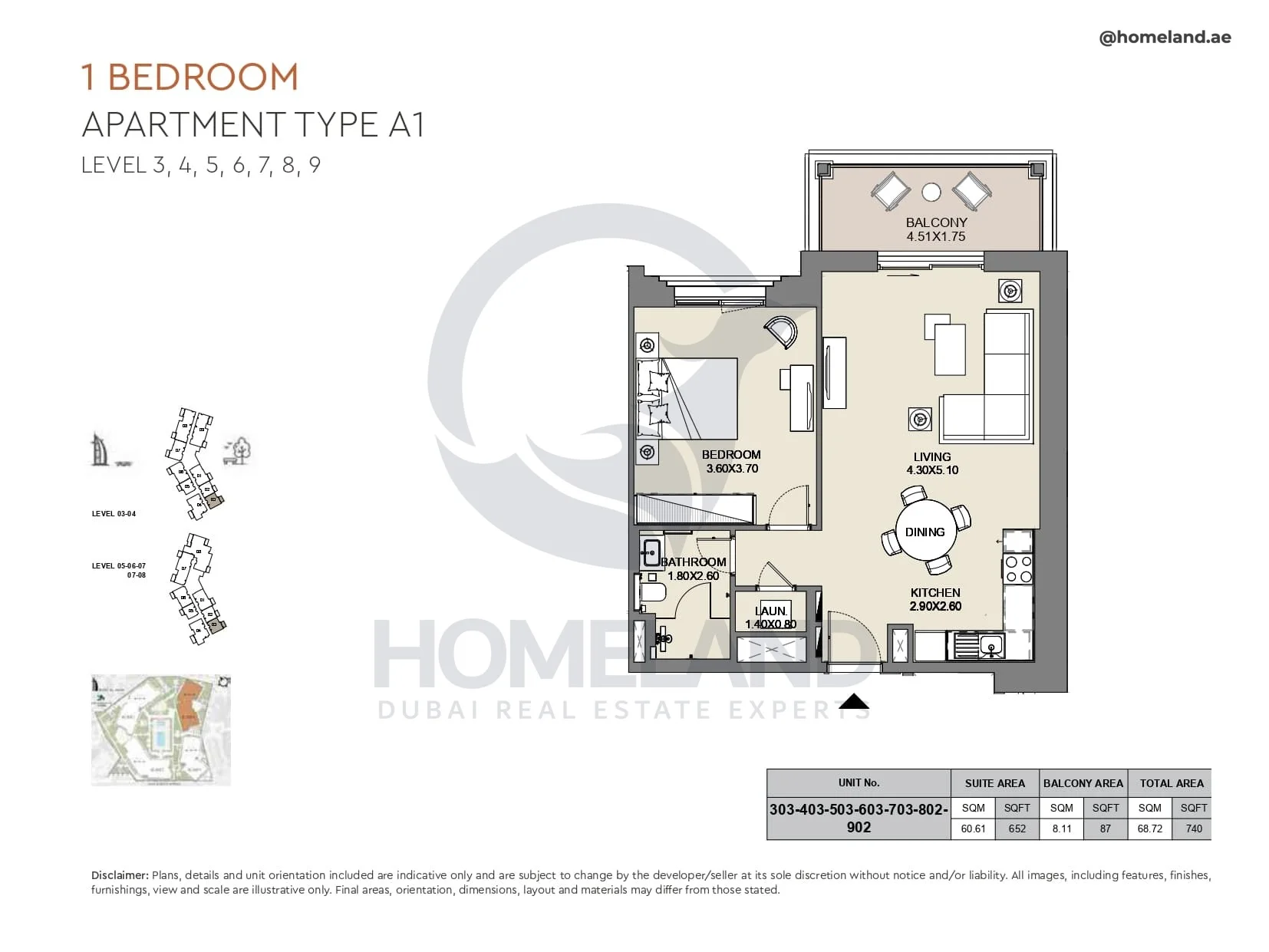 Al Jazi, 1BR, Type A1, Level 3 to 9, Unit 303-403-503-603-703-802-902, 740 SQFT