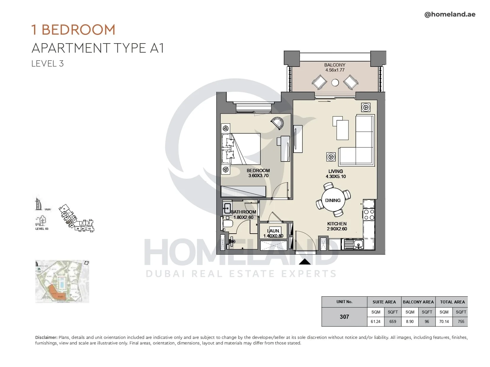 Al Jazi, 1BR, Type A1, Level 3, Unit 307, 755 SQFT