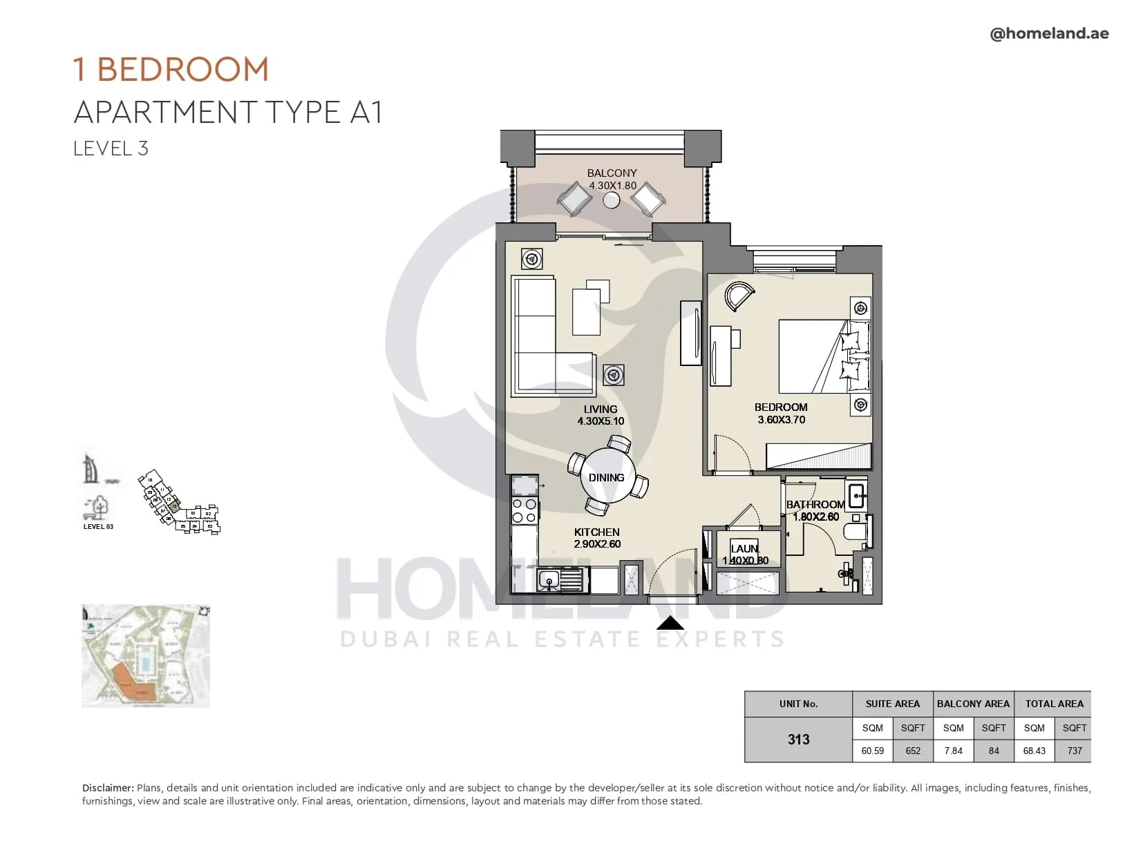 Al Jazi, 1BR, Type A1, Level 3, Unit 313, 737 SQFT
