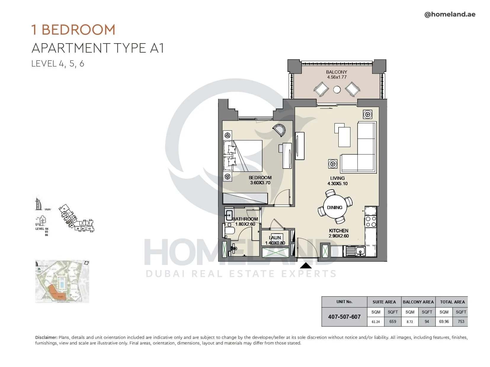 Al Jazi, 1BR, Type A1, Level 4 to 6, Unit 407-507-607, 753 SQFT