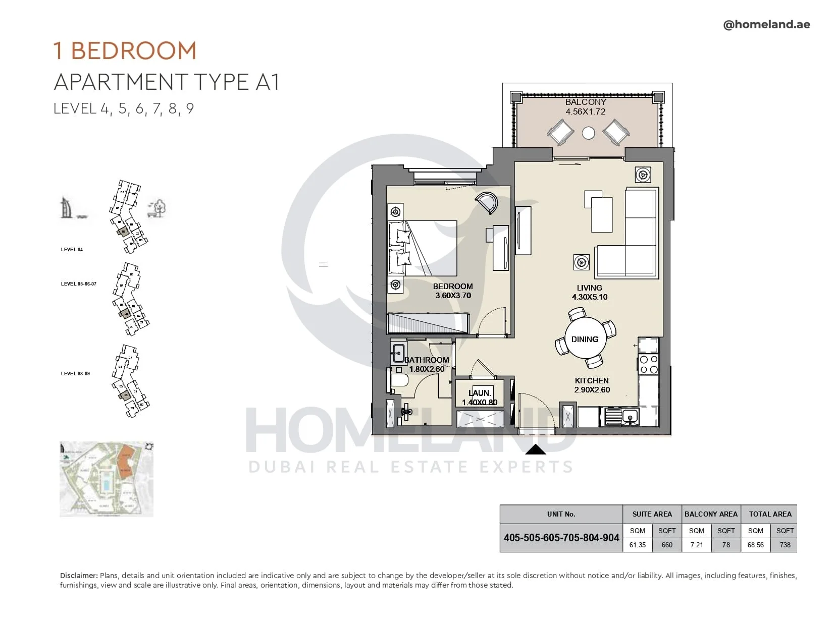 Al Jazi, 1BR, Type A1, Level 4 to 9, Unit 405-505-605-705-804-904, 738 SQFT