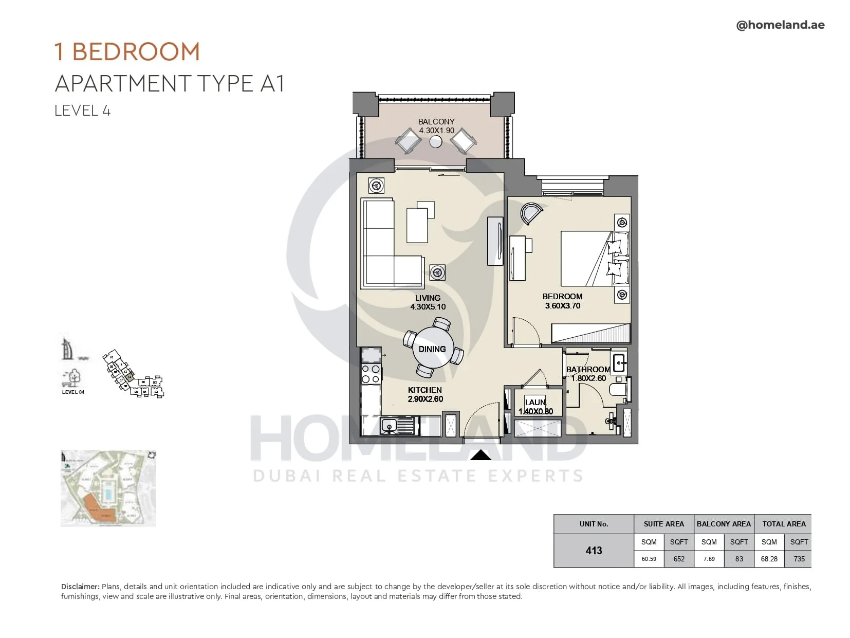 Al Jazi, 1BR, Type A1, Level 4, Unit 413, 735 SQFT