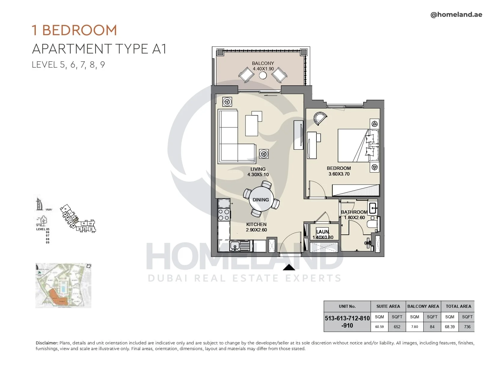 Al Jazi, 1BR, Type A1, Level 5 to 9, Unit 513-613-712-810-910, 736 SQFT