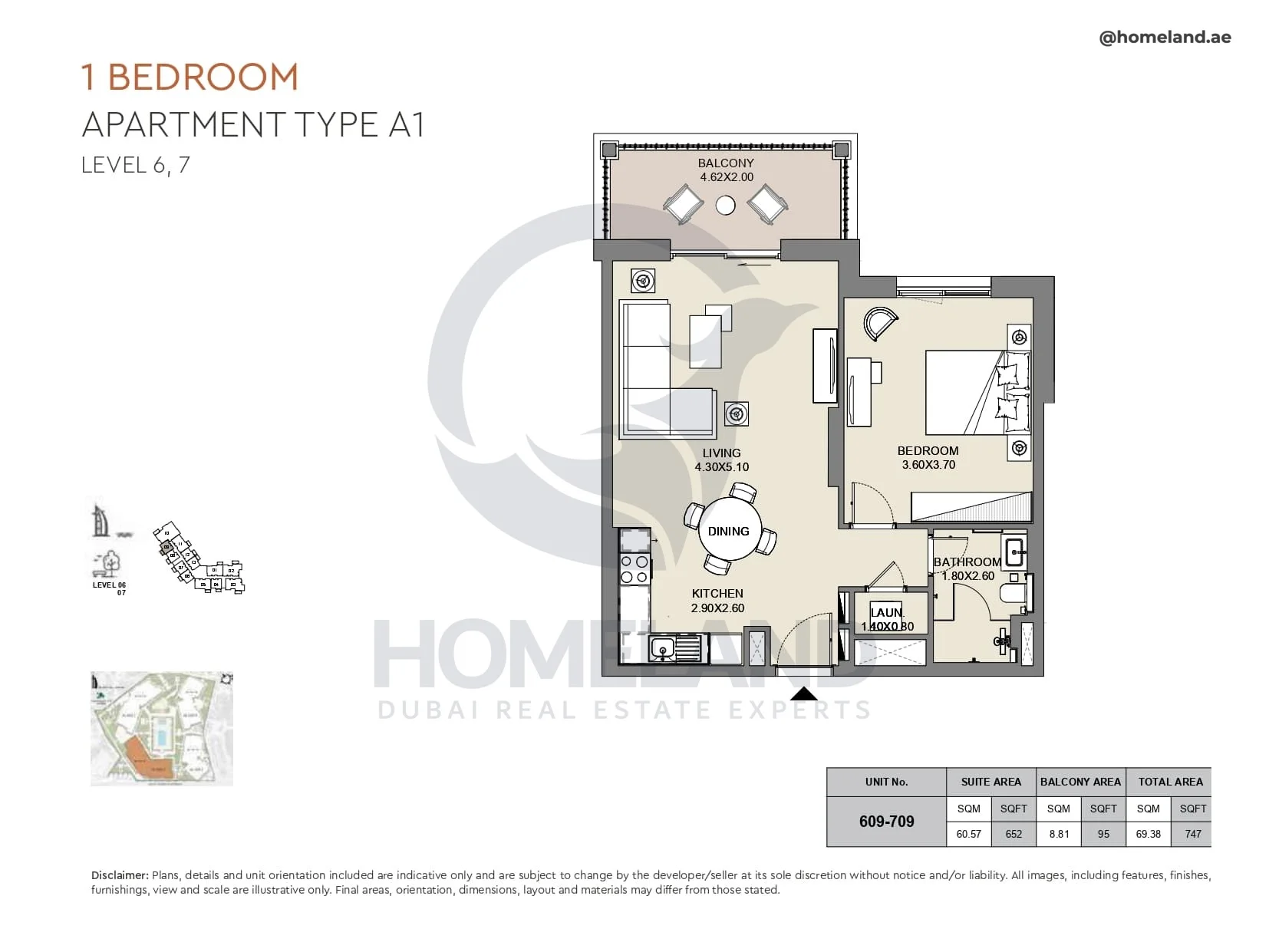 Al Jazi, 1BR, Type A1, Level 6 & 7, Unit 609-709, 747 SQFT