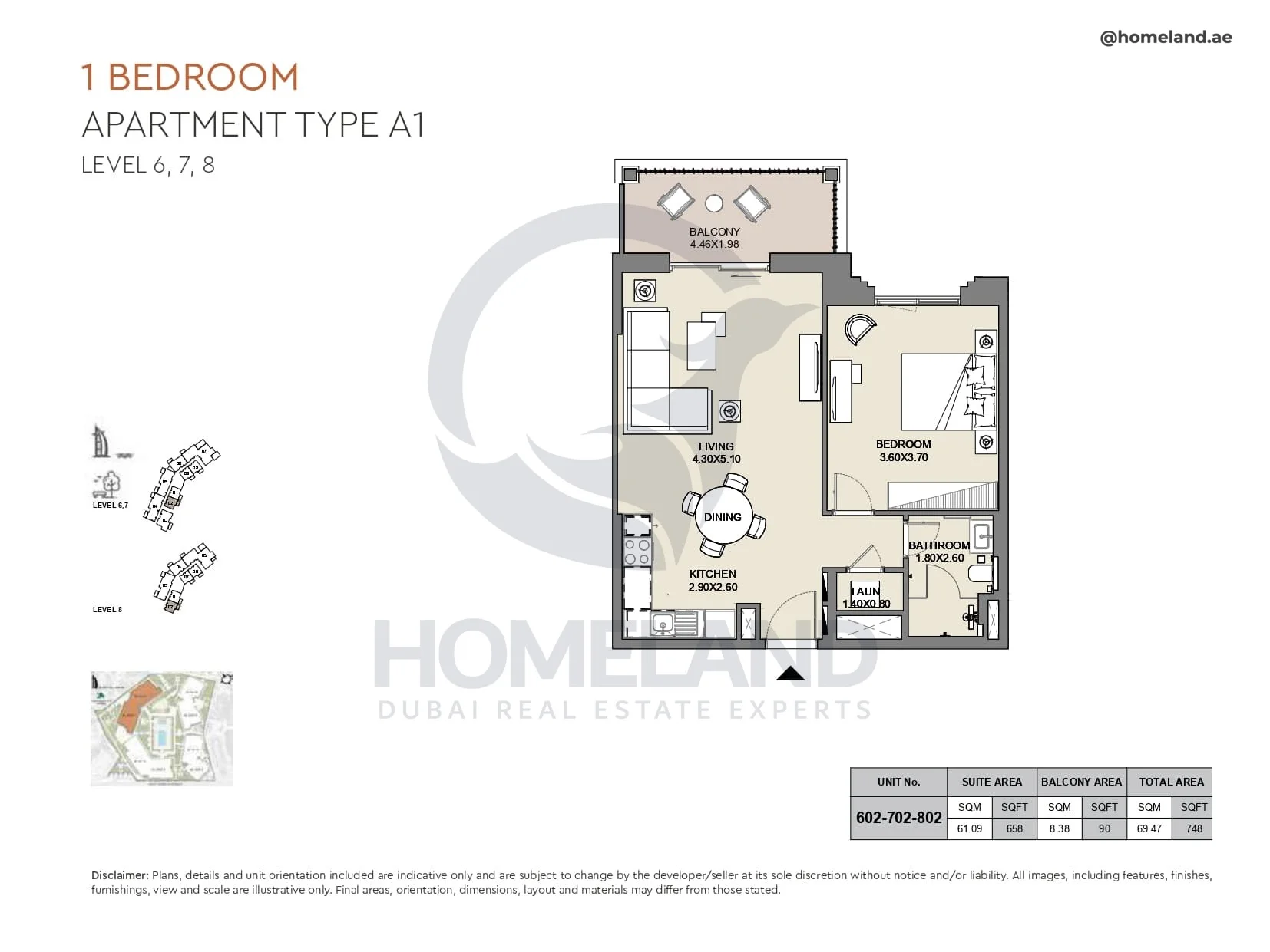 Al Jazi, 1BR, Type A1, Level 6 to 8, Unit 602-702-802, 748 SQFT