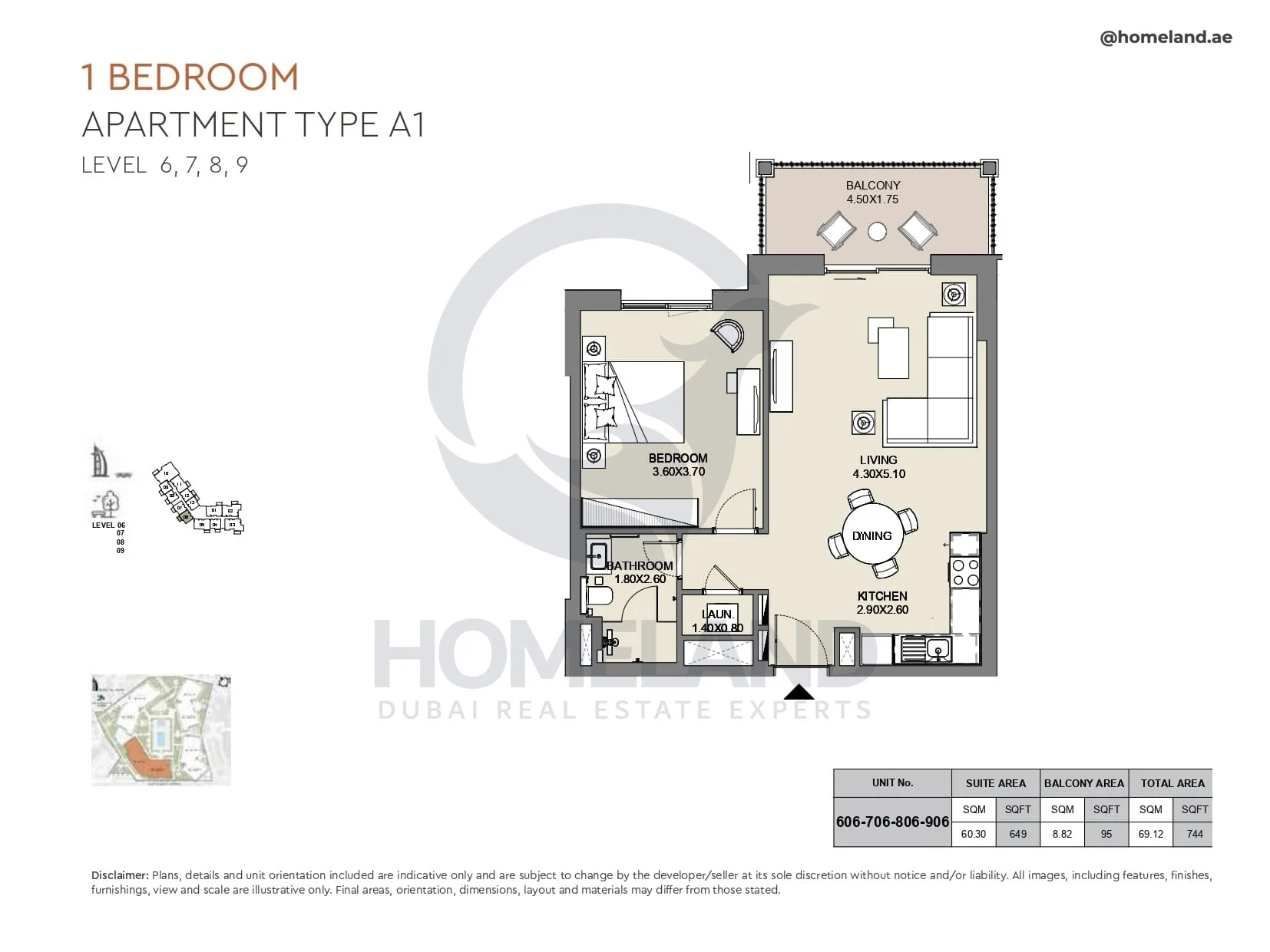 Al Jazi, 1BR, Type A1, Level 6 to 9, Unit 606-706-806-906, 744 SQFT