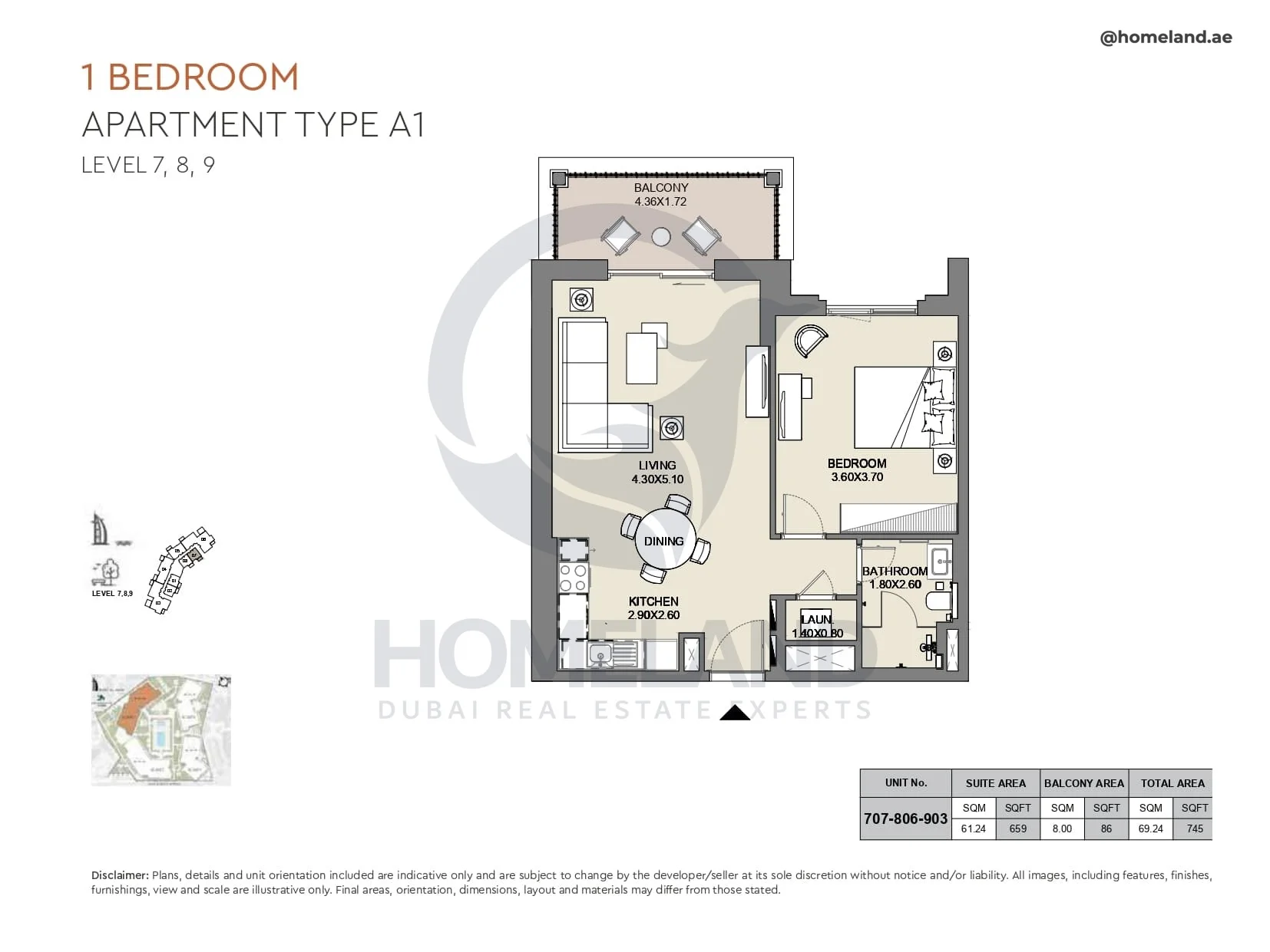 Al Jazi, 1BR, Type A1, Level 7 to 9, Unit 707-806-903, 745 SQFT
