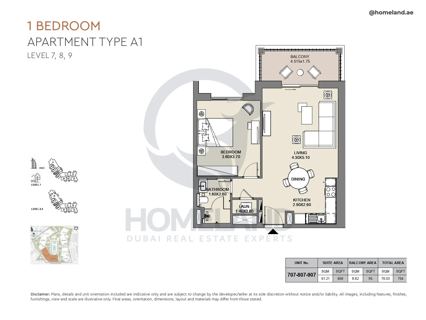Al Jazi, 1BR, Type A1, Level 7 to 9, Unit 707-807-907, 754 SQFT