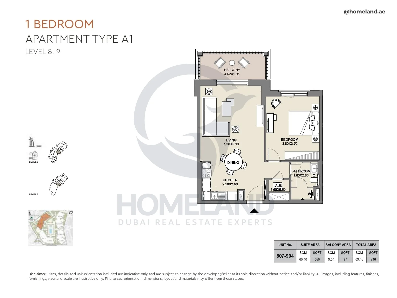 Al Jazi, 1BR, Type A1, Level 8 & 9, Unit 807-904, 748 SQFT