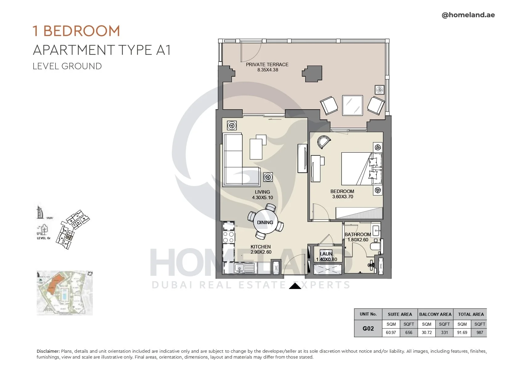 Al Jazi, 1BR, Type A1, Level Ground, Unit G02, 987 SQFT