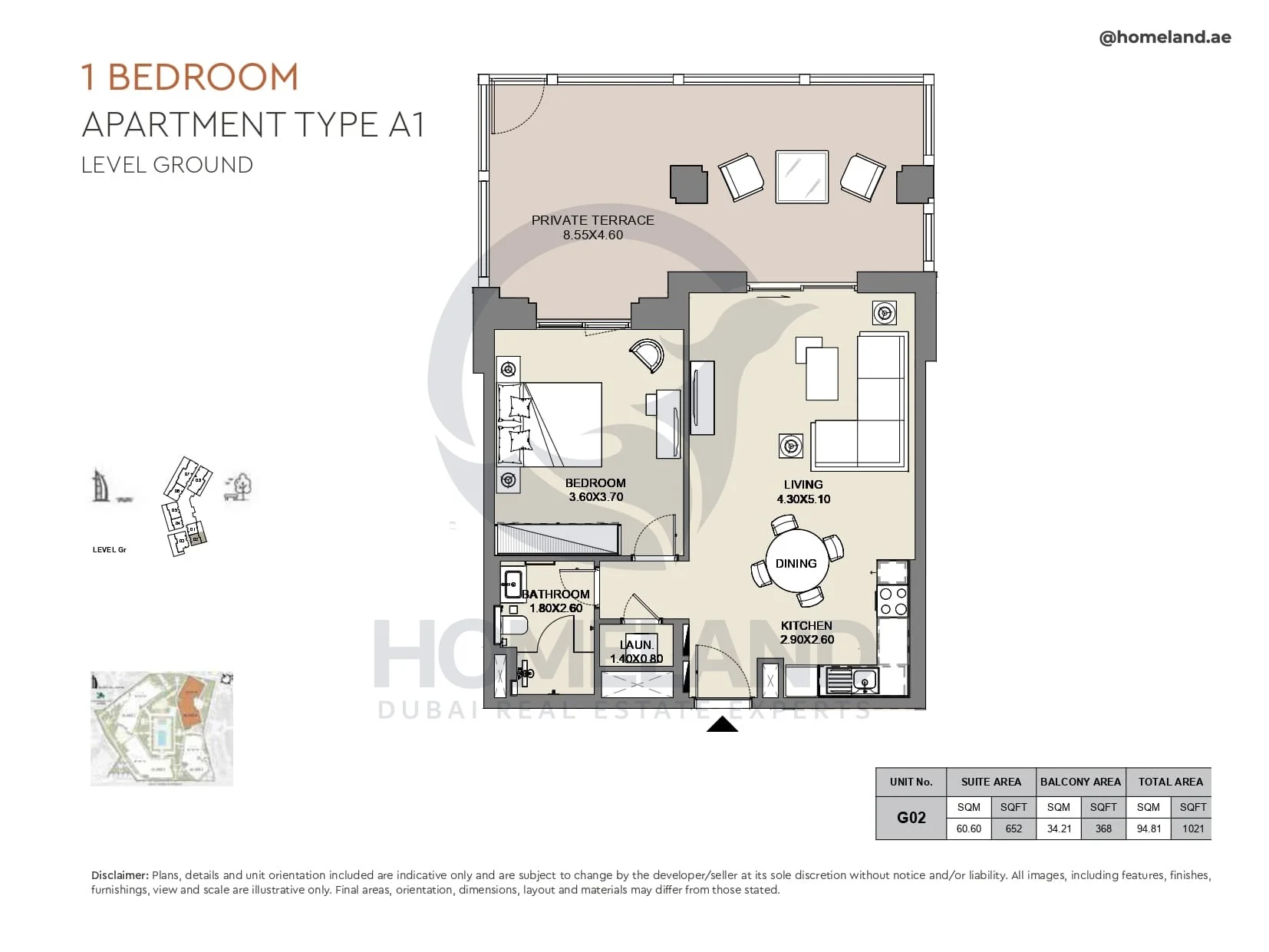 Al Jazi, 1BR, Type A1, Level Ground, Unit G02, 1021 SQFT
