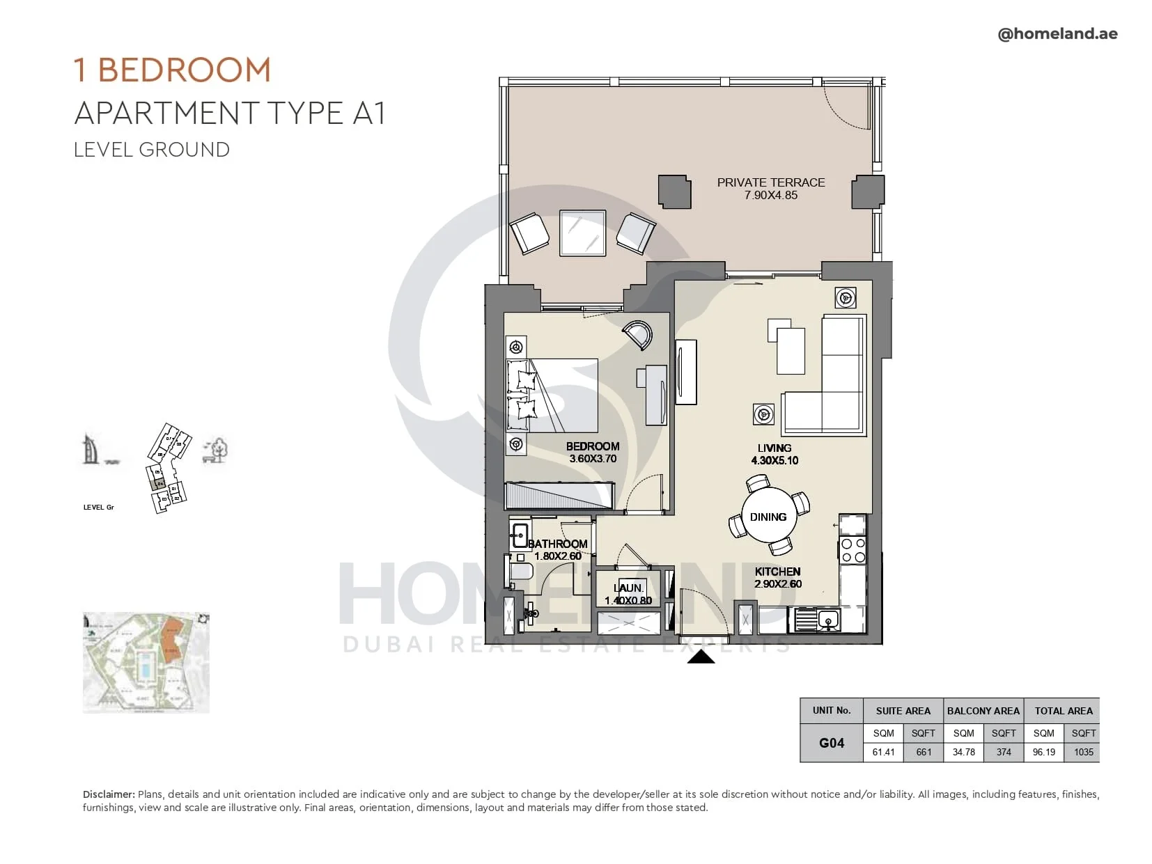 Al Jazi, 1BR, Type A1, Level Ground, Unit G04, 1035 SQFT