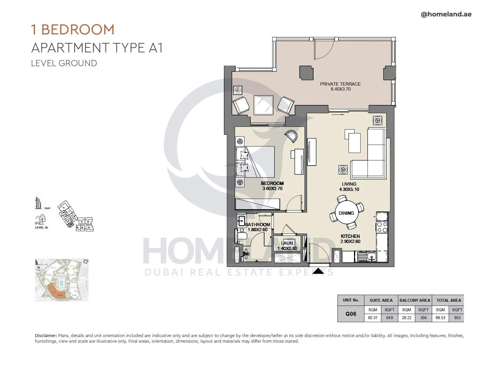 Al Jazi, 1BR, Type A1, Level Ground, Unit G06, 953 SQFT