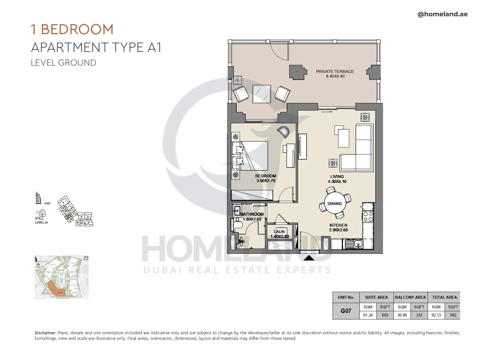 Al Jazi, 1BR, Type A1, Level Ground, Unit G07, 992 SQFT