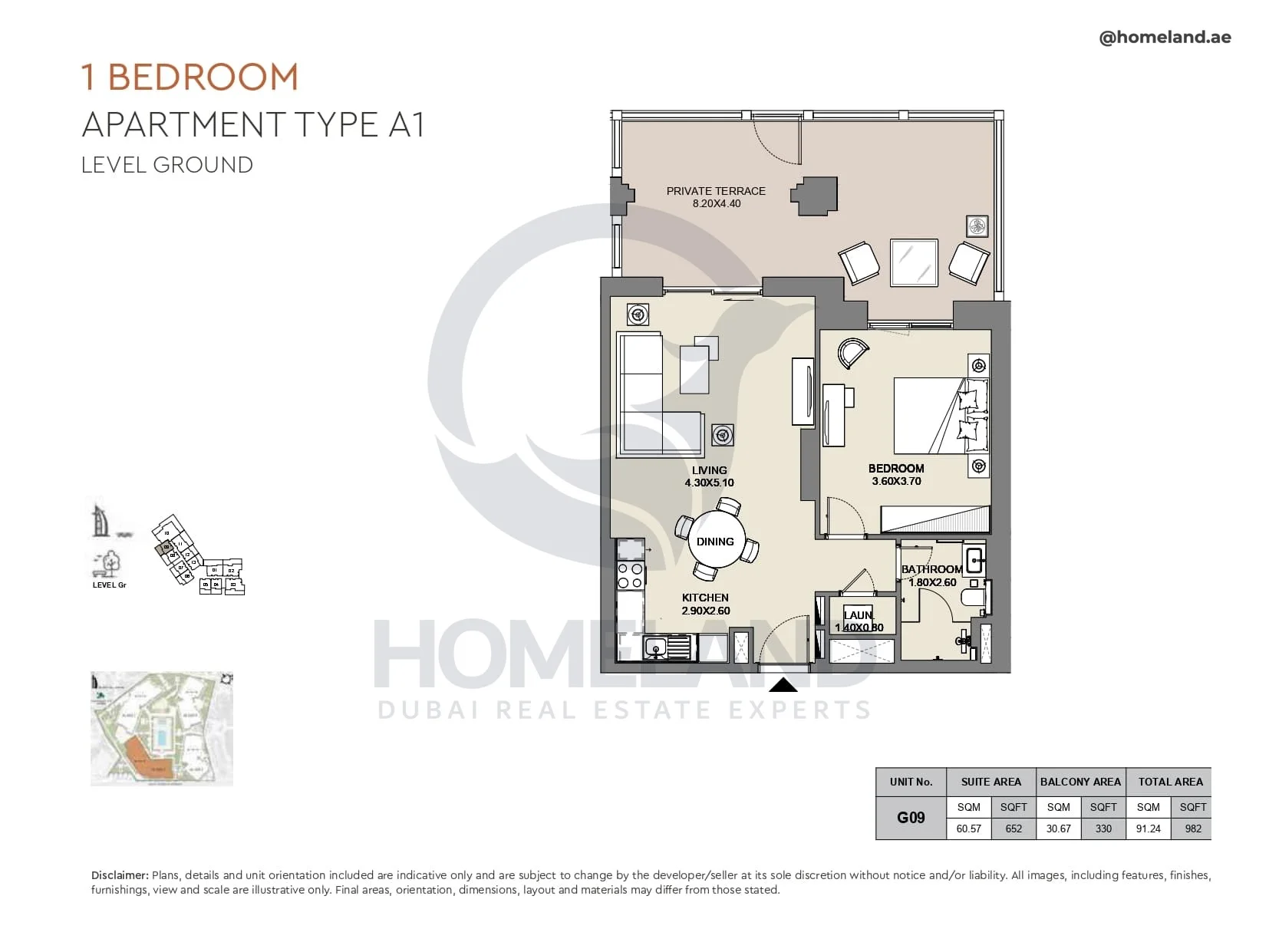 Al Jazi, 1BR, Type A1, Level Ground, Unit G09, 982 SQFT