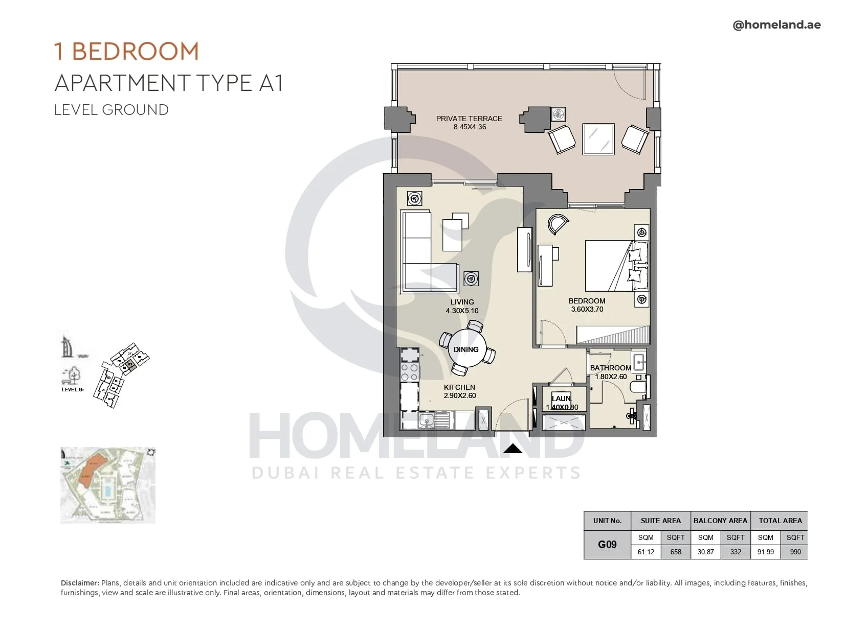 Al Jazi, 1BR, Type A1, Level Ground, Unit G09, 990 SQFT