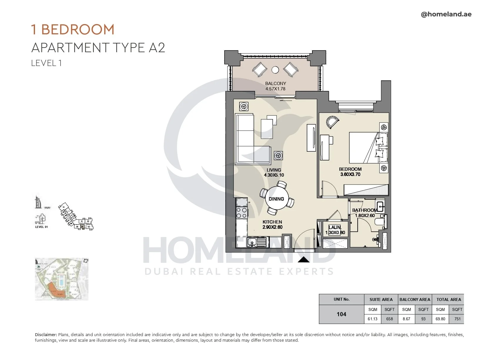 Al Jazi, 1BR, Type A2, Level 1, Unit 104, 751 SQFT