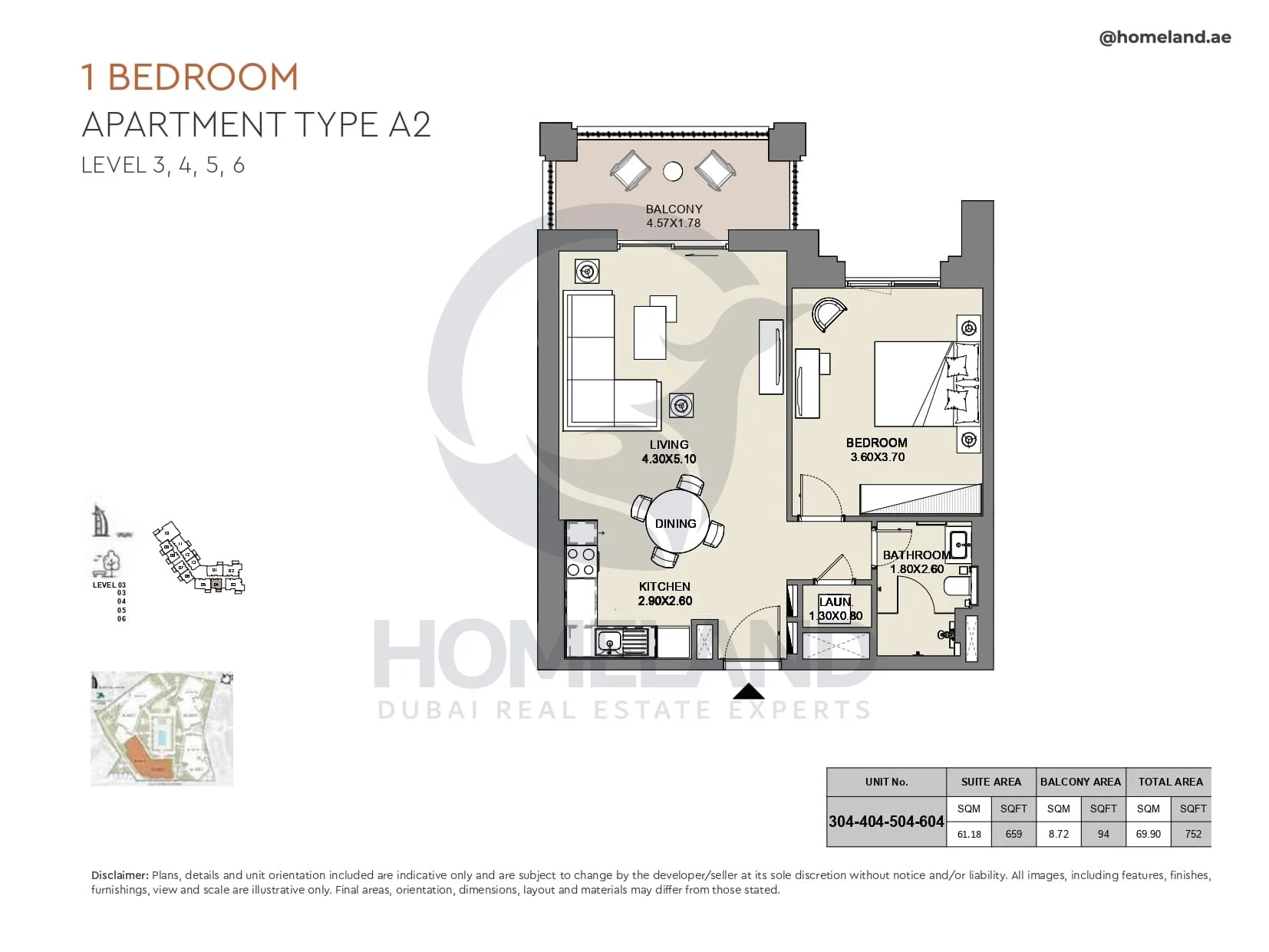 Al Jazi, 1BR, Type A2, Level 3 to 6, Unit 304-404-504-604, 752 SQFT