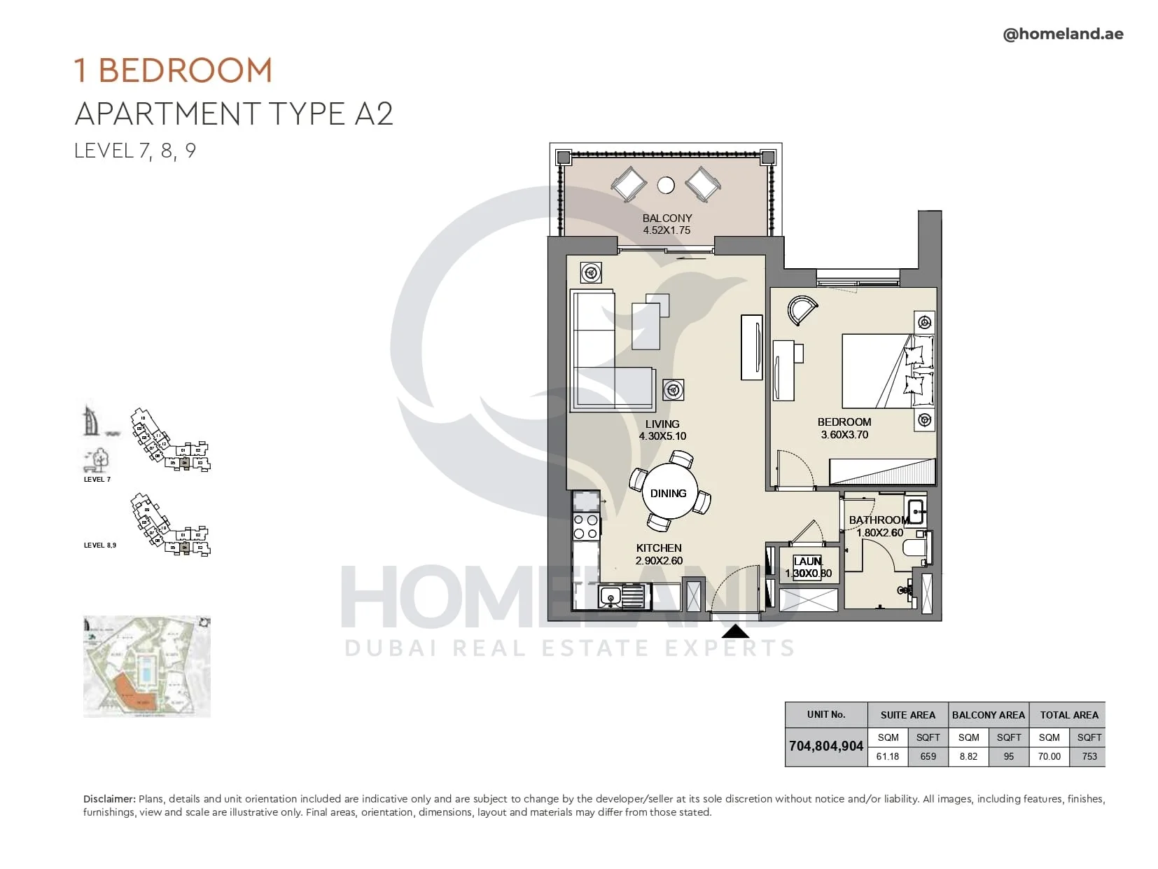 Al Jazi, 1BR, Type A2, Level 7 to 9, Unit 704-804-904, 753 SQFT