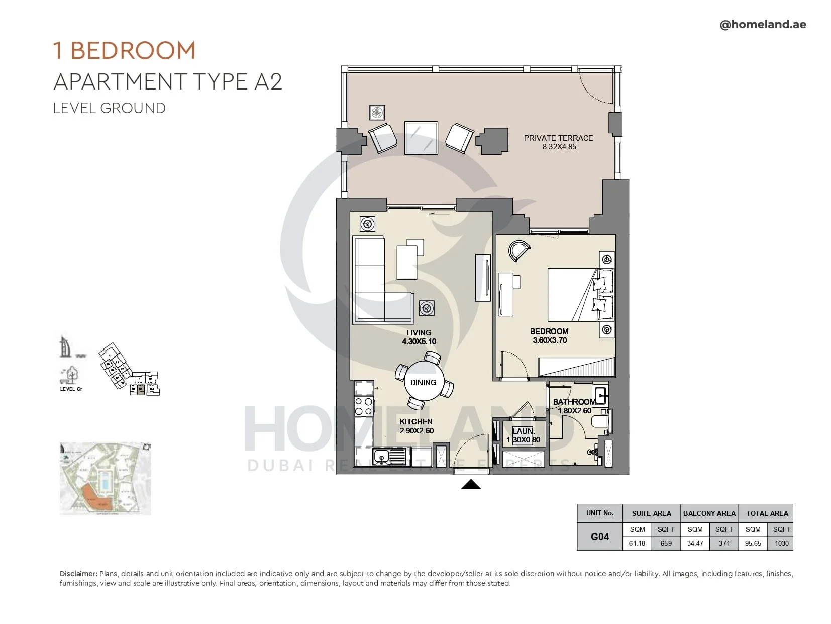 Al Jazi, 1BR, Type A2, Level Ground, Unit G04, 1030 SQFT