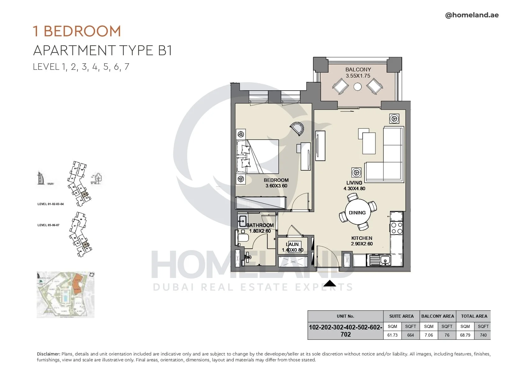 Al Jazi, 1BR, Type B1, Level 1 to 7, Unit 102-202-302-402-502-602-702, 740 SQFT