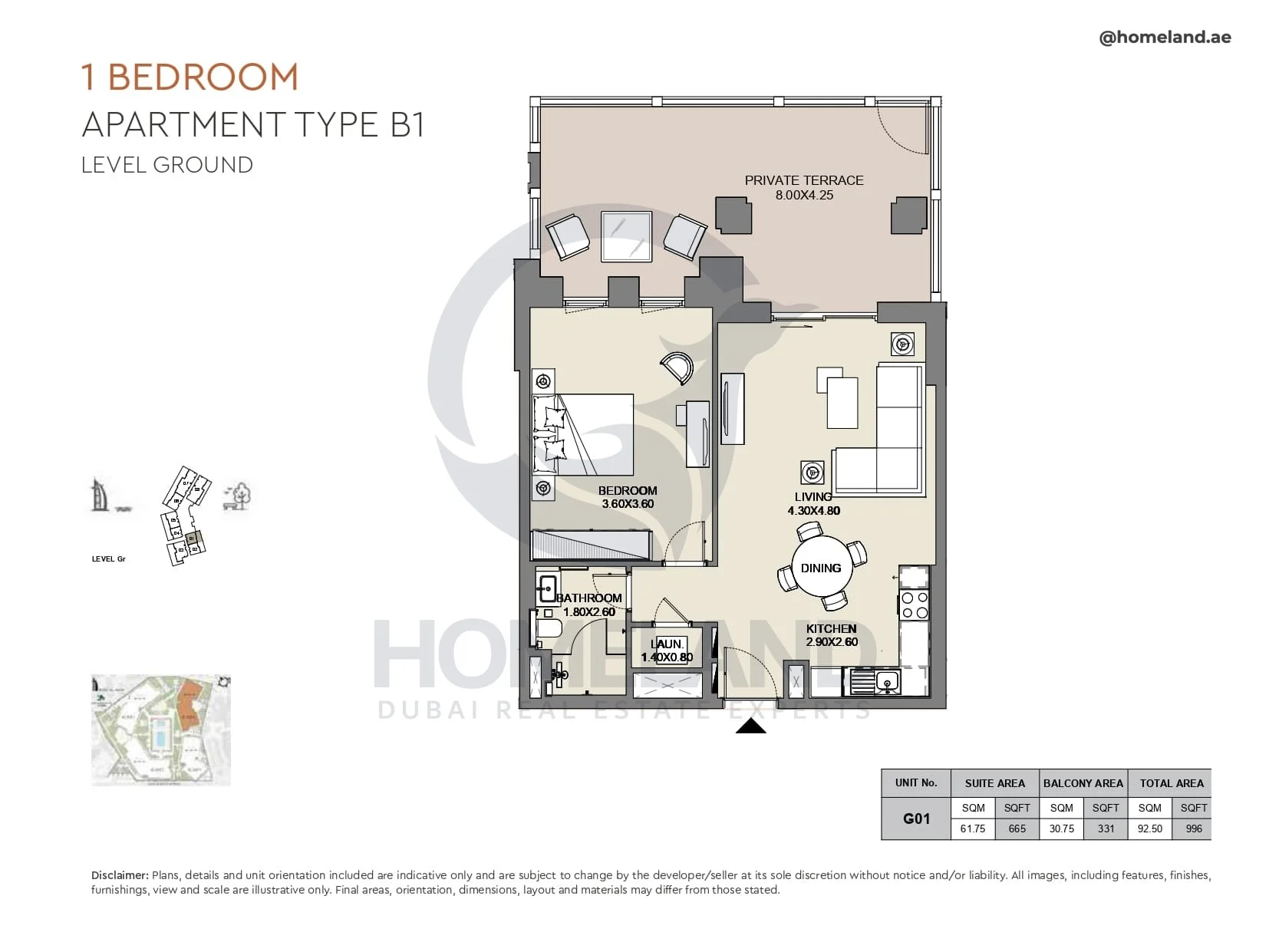 Al Jazi, 1BR, Type B1, Level Ground, Unit G01, 996 SQFT