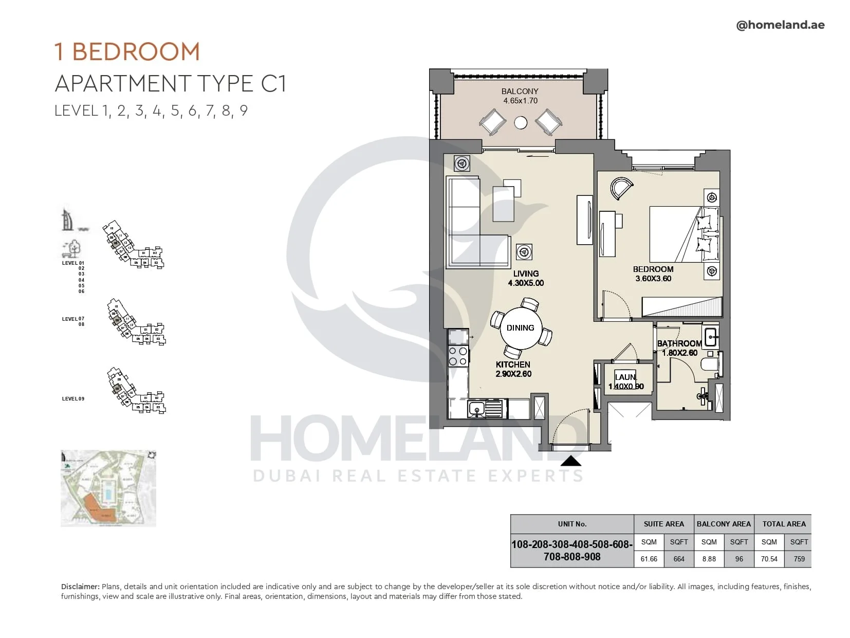 Al Jazi, 1BR, Type C1, Level 1 to 9, Unit 108-208-308-408-508-608-708-808-908, 759 SQFT