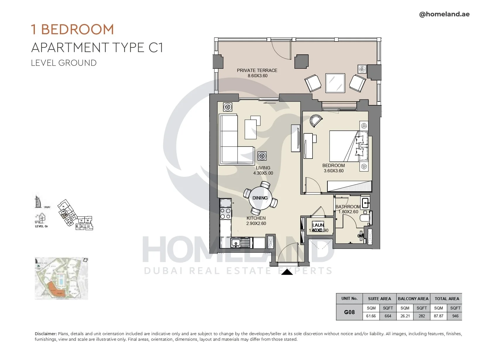 Al Jazi, 1BR, Type C1, Level Ground, Unit G08, 946 SQFT