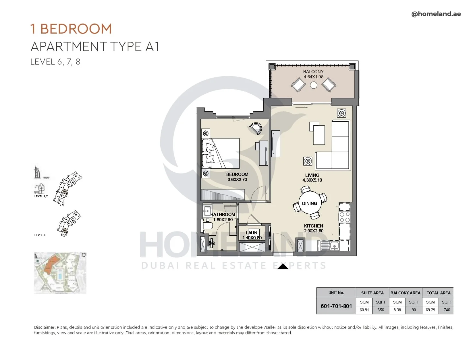 Al Jazi, 1BR, Type A1, Level 6 to 8, Unit 601-701-801, 746 SQFT