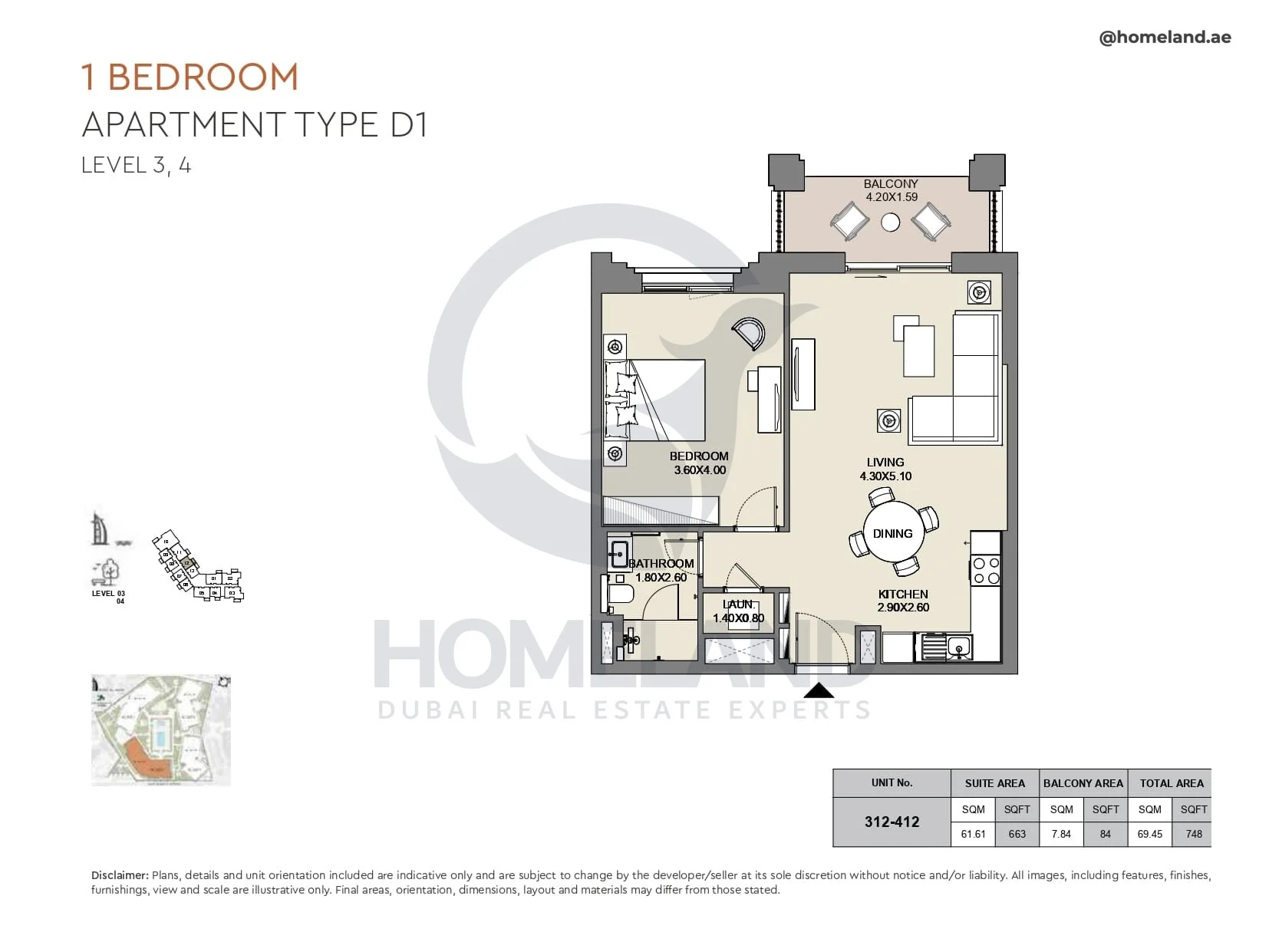 Al Jazi, 1BR, Type D1, Level 3 & 4, Unit 312-412, 748 SQFT
