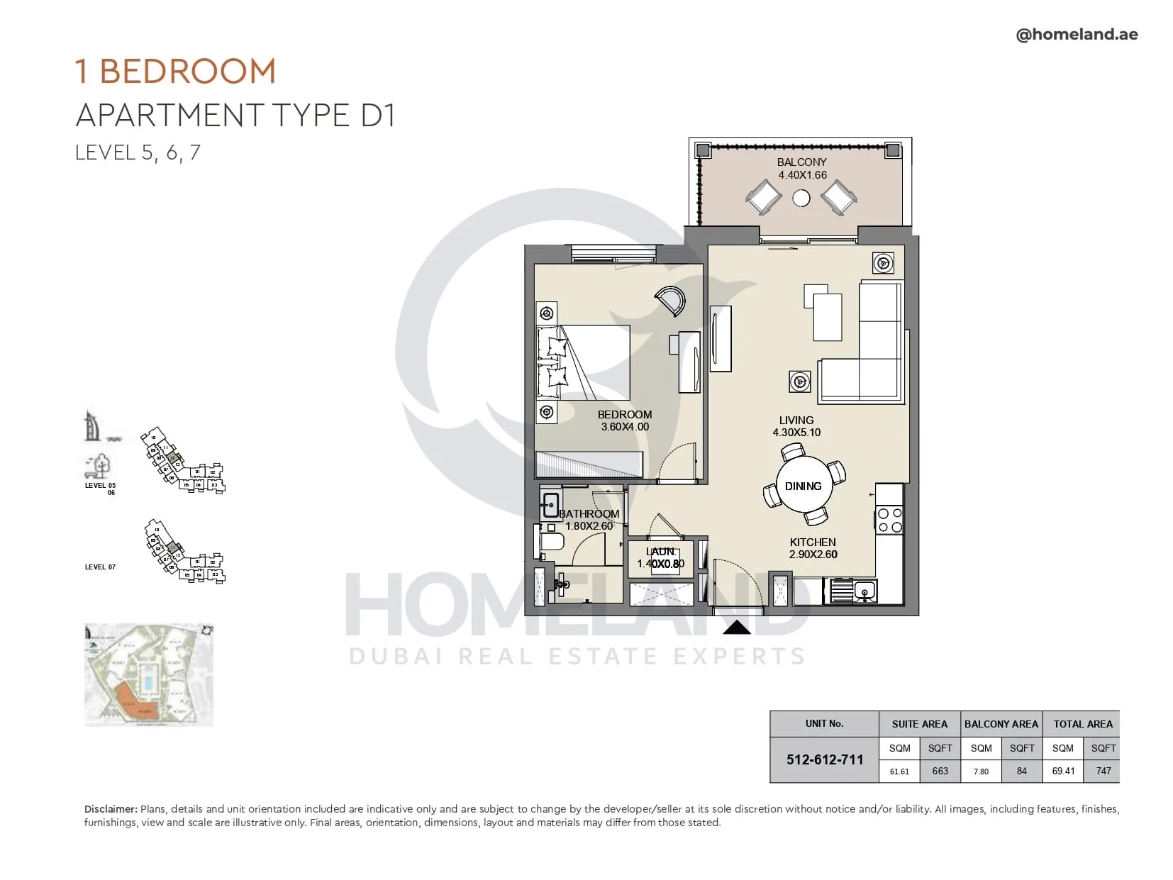 Al Jazi, 1BR, Type D1, Level 5 to 7, Unit 512-612-711, 747 SQFT