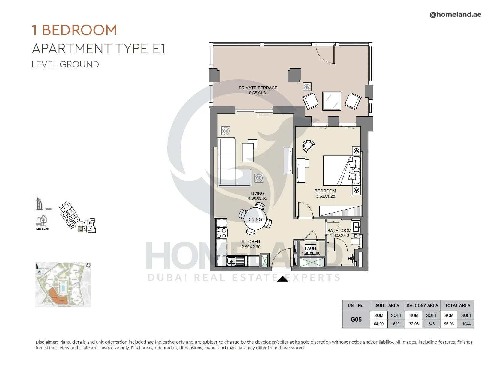 Al Jazi, 1BR, Type E1, Level Ground, Unit G05, 1044 SQFT