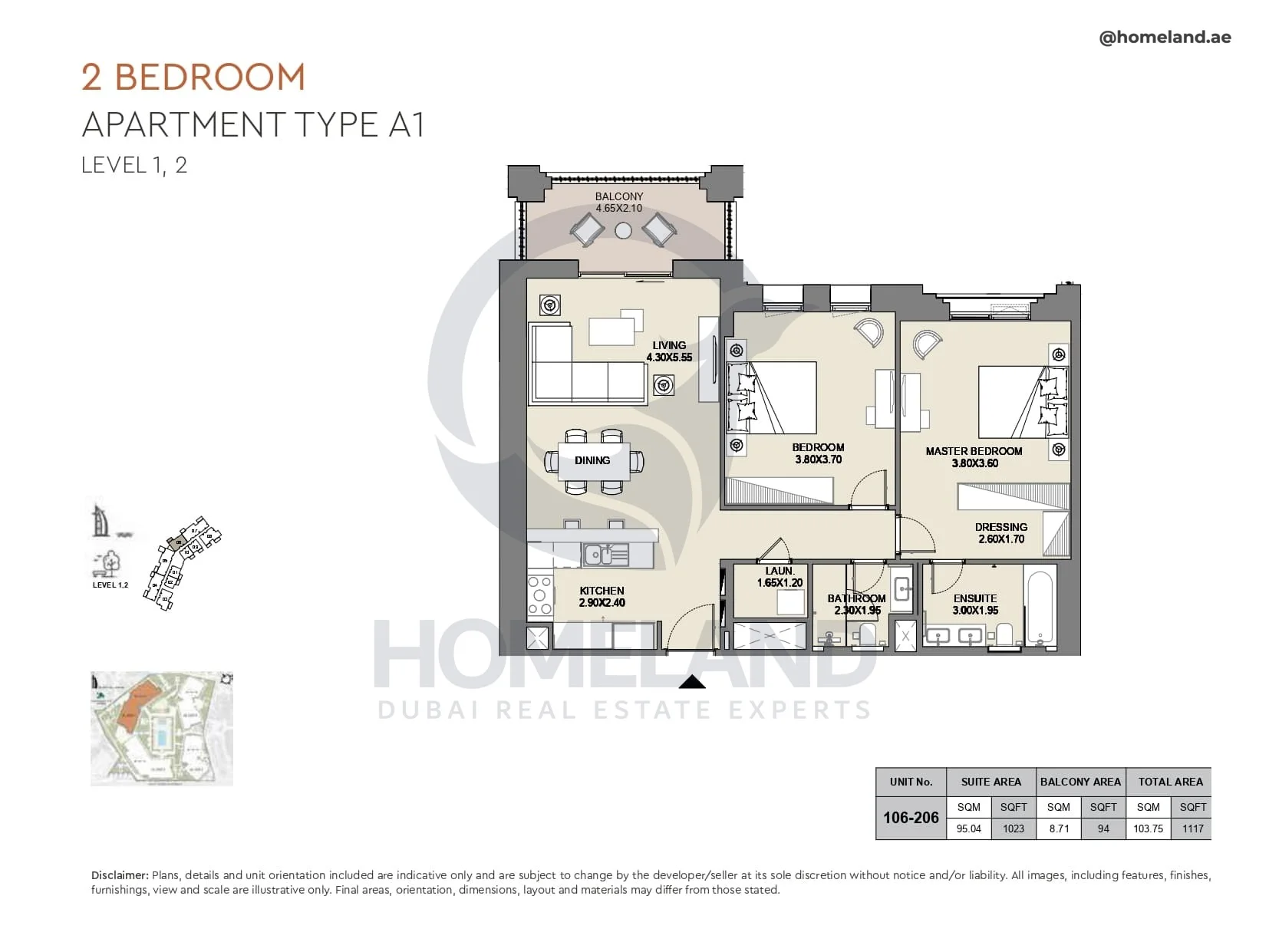 Al Jazi, 2BR, Type A1, Level 1 & 2, Unit 106-206, 1117 SQFT