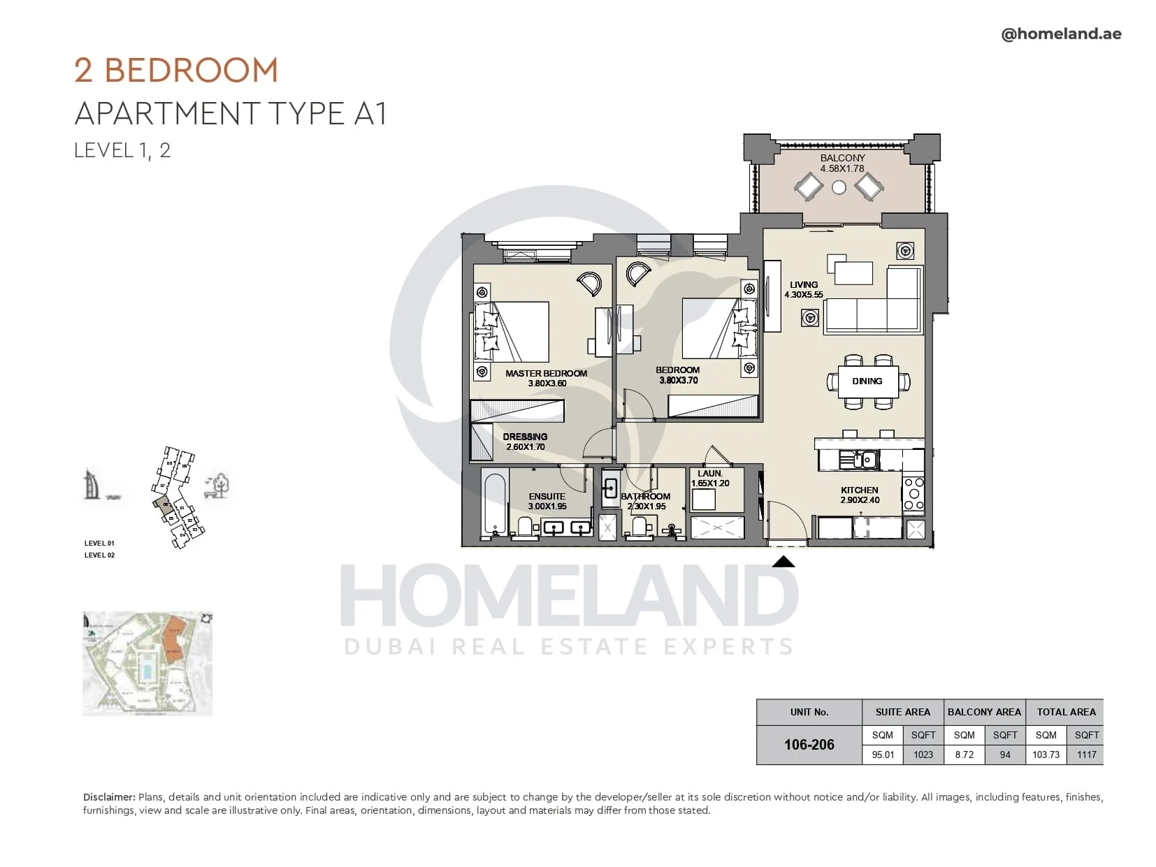 Al Jazi, 2BR, Type A1, Level 1&2, Unit 106-206, 1117 SQFT