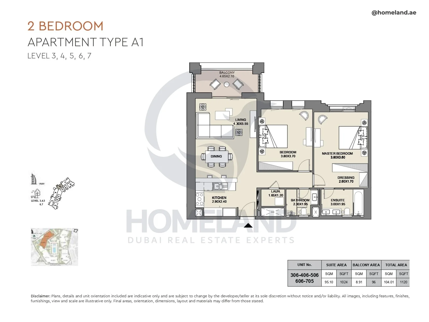 Al Jazi, 2BR, Type A1, Level 3 to 7, Unit 306-406-506-606-705, 1120 SQFT