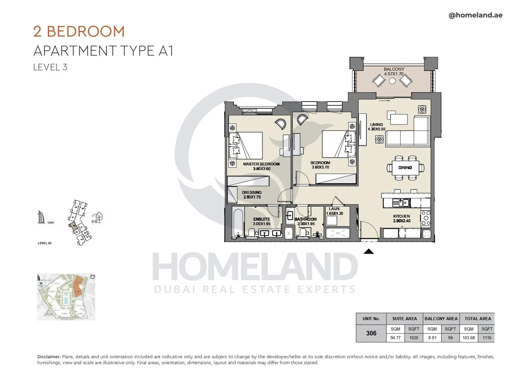 Al Jazi, 2BR, Type A1, Level 3, Unit 306, 1116 SQFT