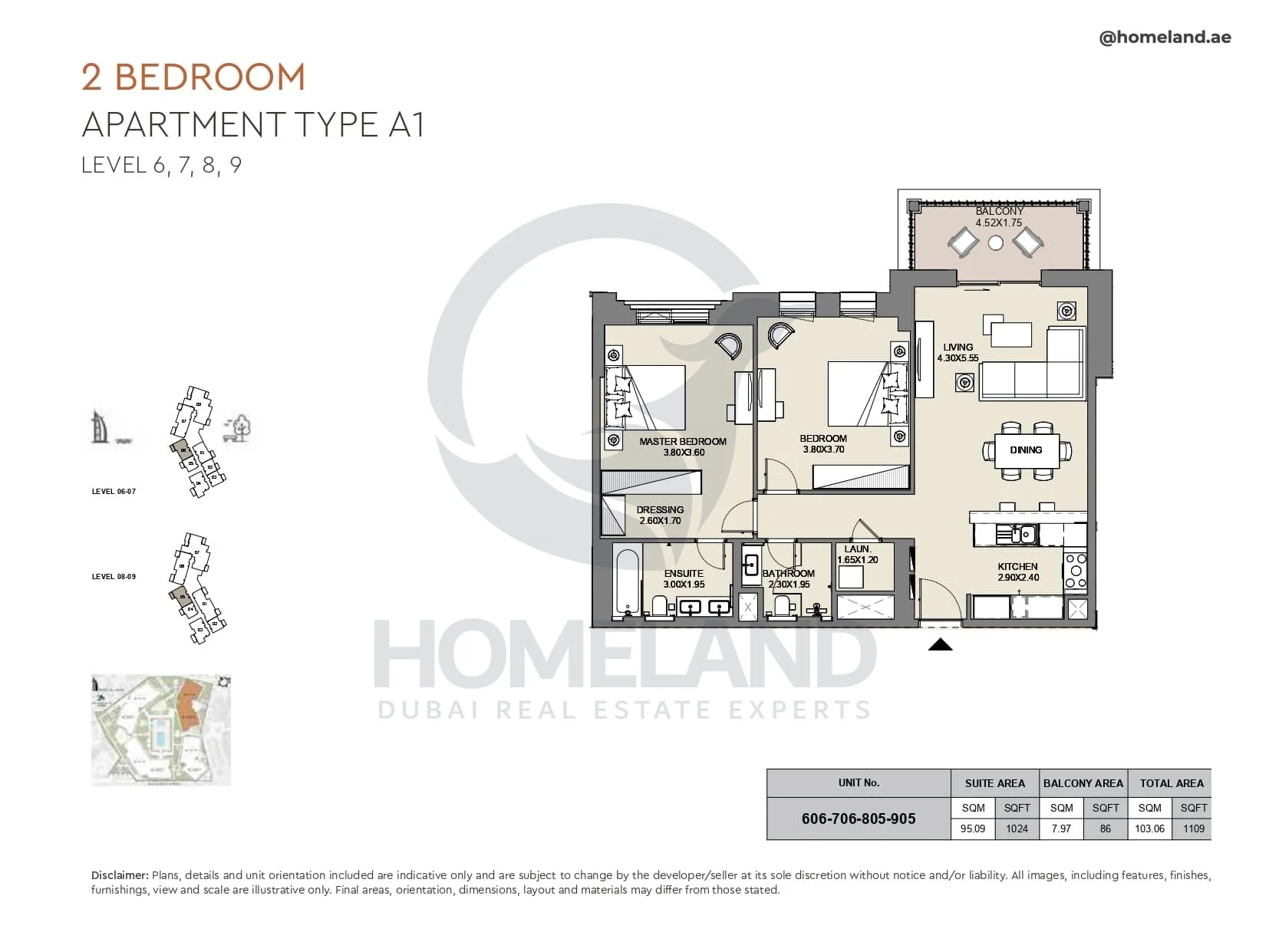 Al Jazi, 2BR, Type A1, Level 6 to 9, Unit 606-706-805-905, 1109 SQFT