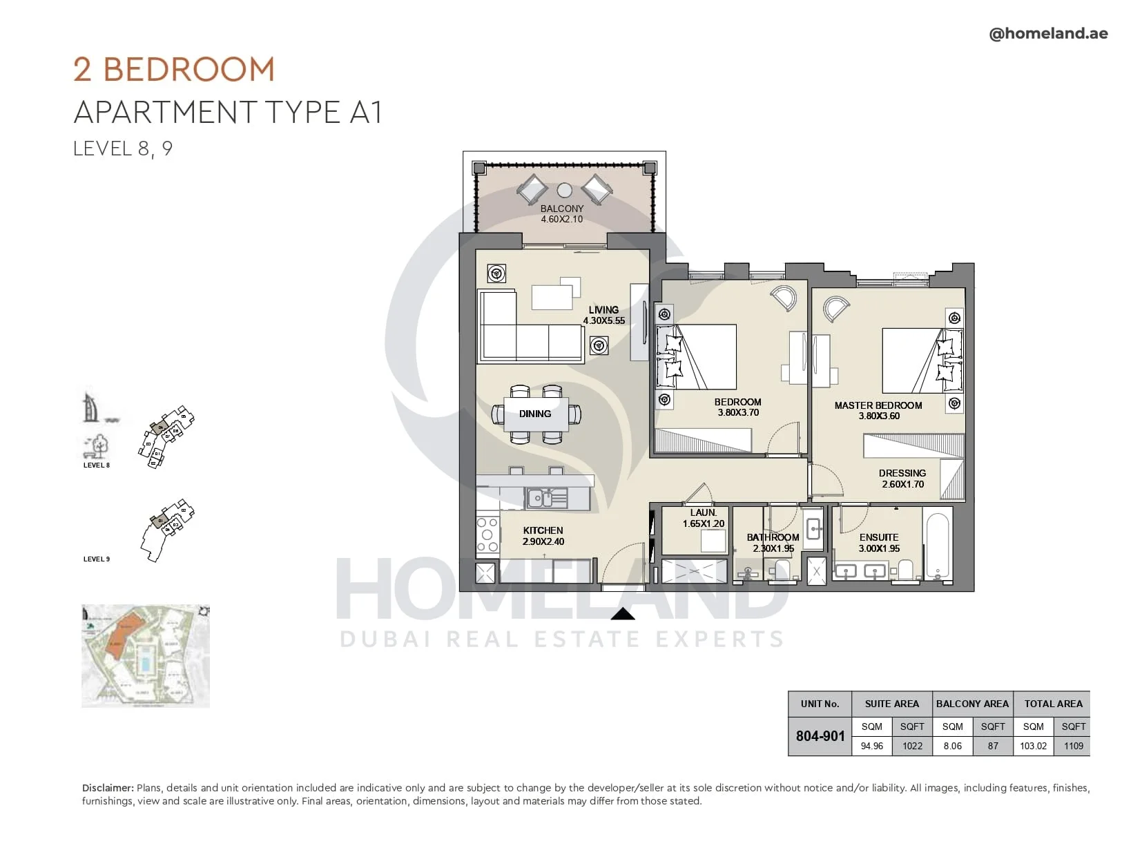 Al Jazi, 2BR, Type A1, Level 8 & 9, Unit 804-901, 1109 SQFT
