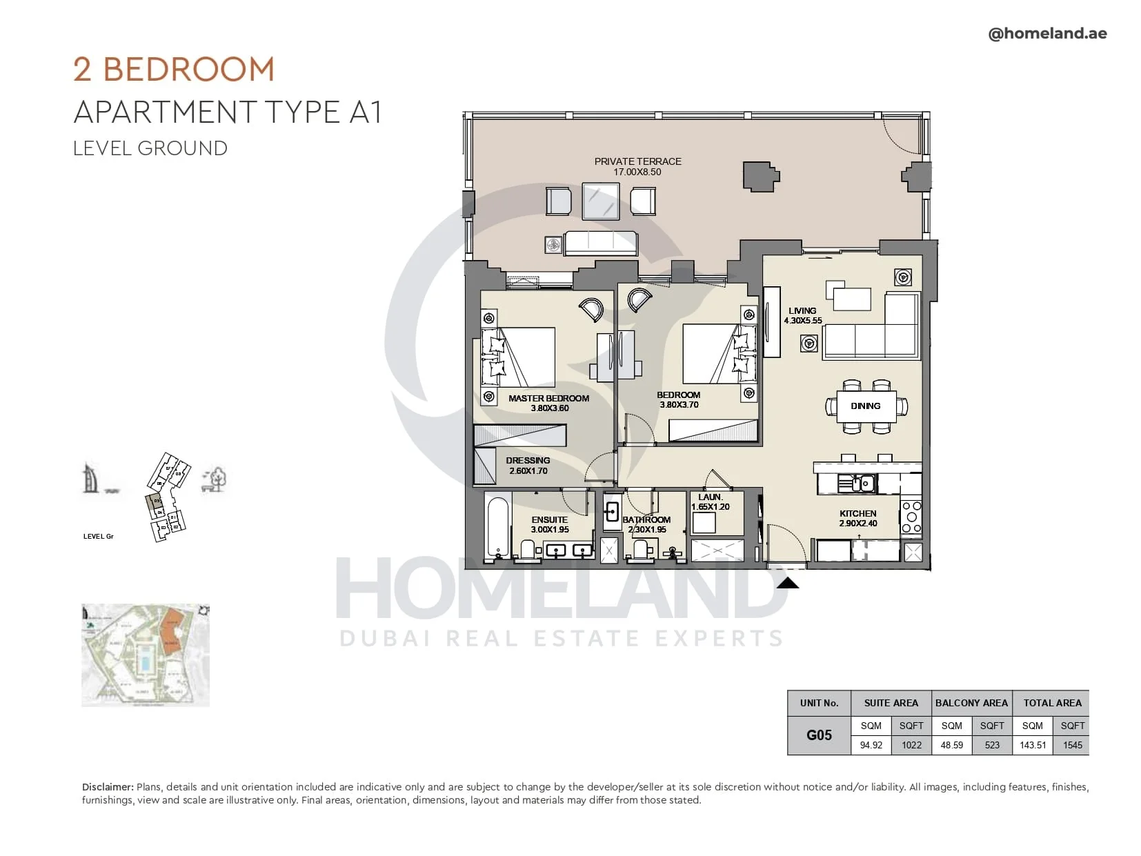 Al Jazi, 2BR, Type A1, Level Ground, Unit G05, 1545 SQFT