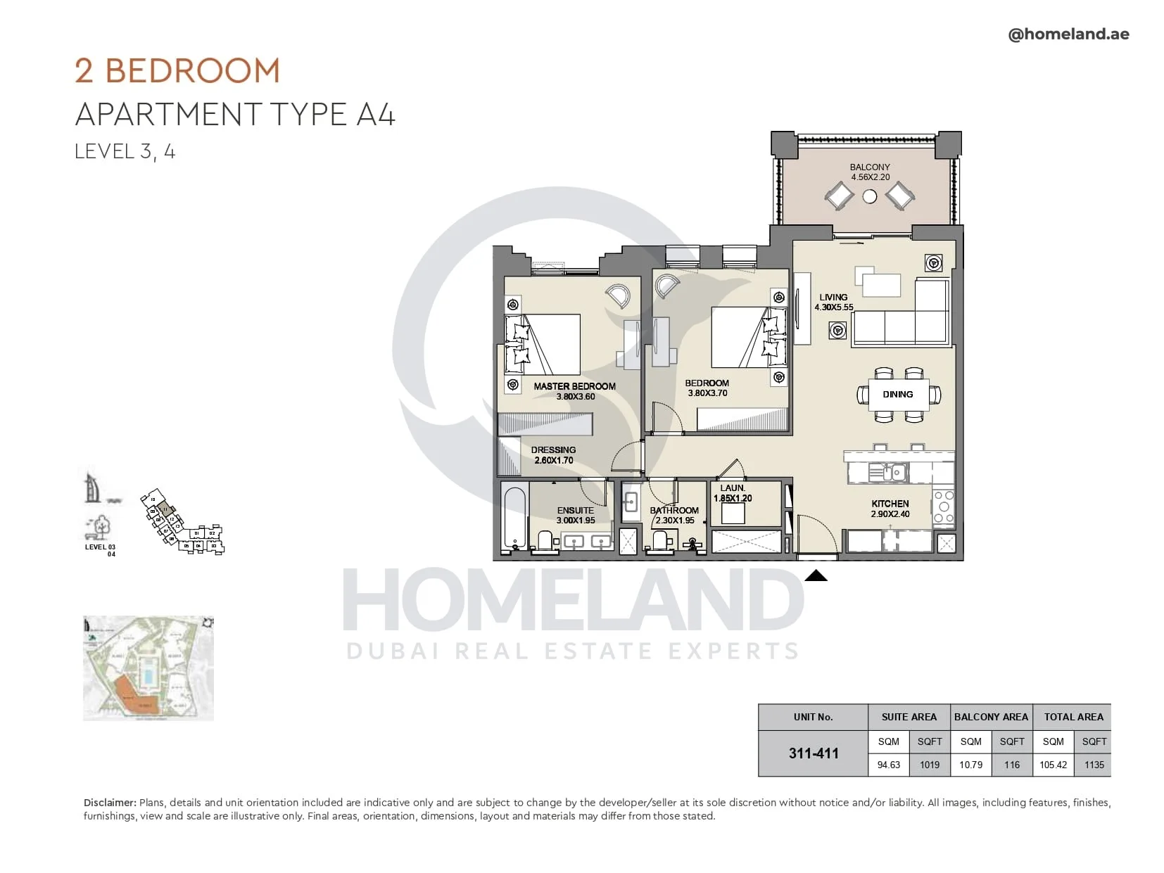 Al Jazi, 2BR, Type A4, Level 3 & 4, Unit 311-411, 1135 SQFT