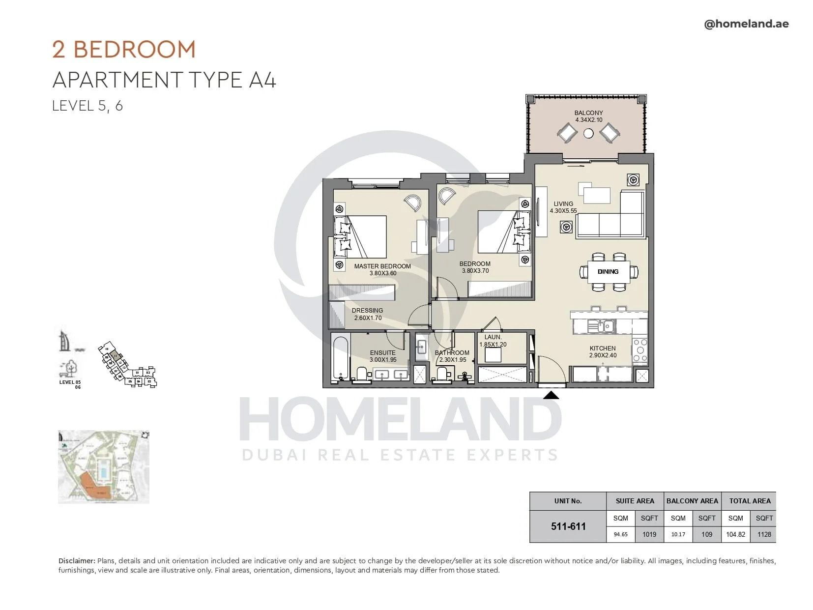 Al Jazi, 2BR, Type A4, Level 5 & 6, Unit 511-611, 1128 SQFT